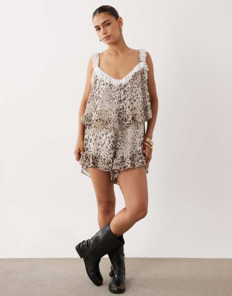 Miss Selfridge - Combishort à imprimé léopard et bordures en dentelle - view 1