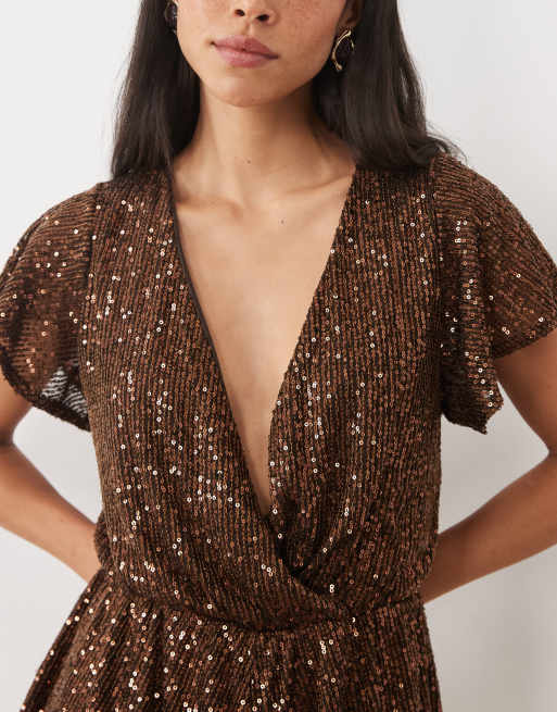 Miss Selfridge combishort à manches chauve-souris à sequins couleur chocolat, 3 de 4