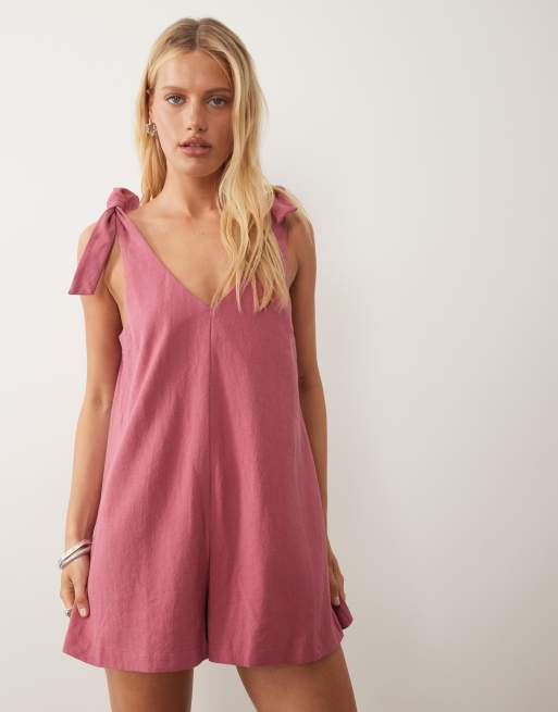 Miss Selfridge - Combishort aspect lin à bretelles nouées - Framboise, 3 de 4