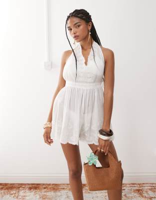 Combishort de plage transparent et brodé - Crème-Marron L