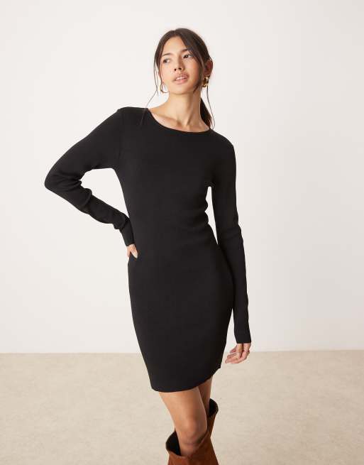 Miss Selfridge - Compact gebreide, geribbelde mini-jurk met lange mouwen in zwart, 3 van 4