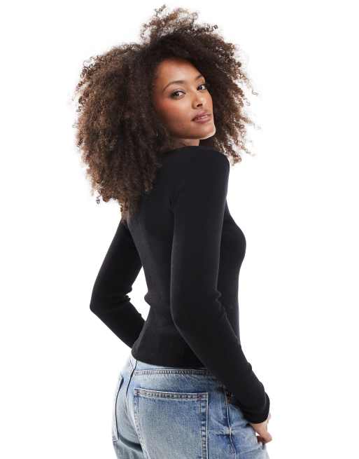 Miss Selfridge - Compact gebreide top met lange mouwen in zwart, 4 van 4