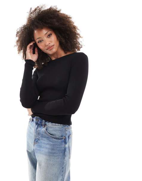 Miss Selfridge compact knit long sleeve top in black - view 1
