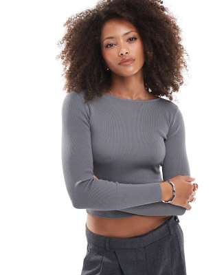 compact knit long sleeve top in charcoal heather-Gray