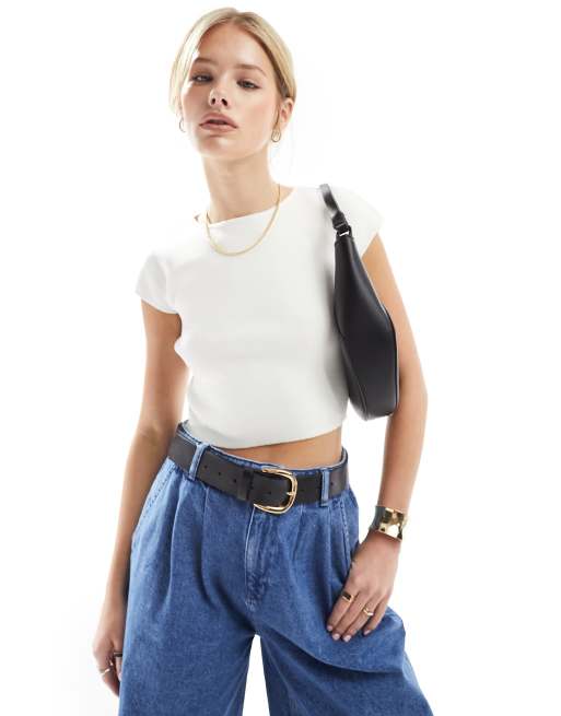 Miss Selfridge compact ribbed knit grown on sleeve tee in white