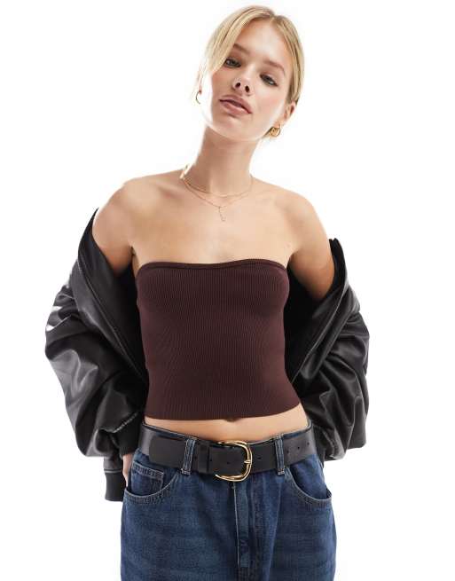 Miss Selfridge - Compacte gebreide geribbelde bandeau-top in chocoladebruin