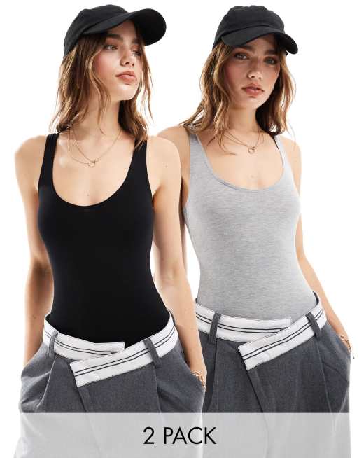 Miss Selfridge - Confezione da due body con scollo rotondo nero e grigio mélange