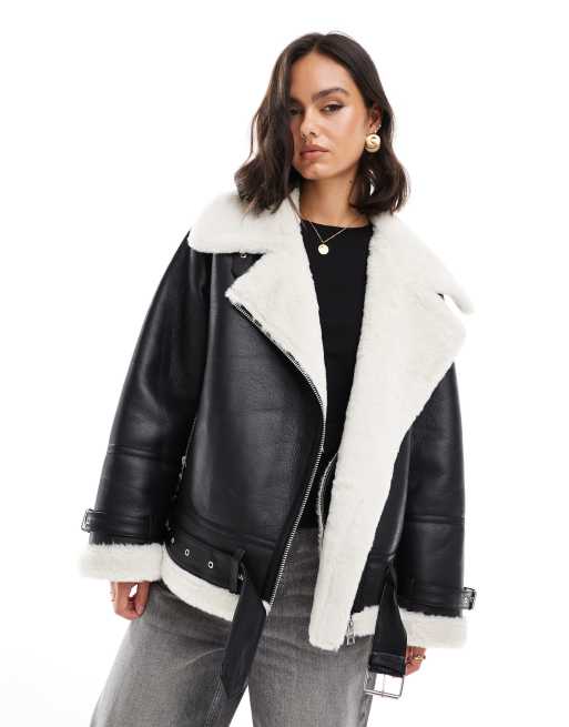 Miss Selfridge Contrast Aviator Jacket in Black