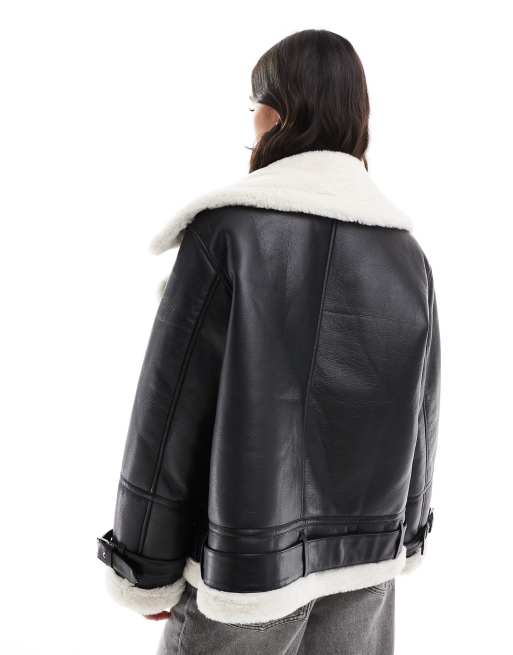 Aviator jacket black and white deals