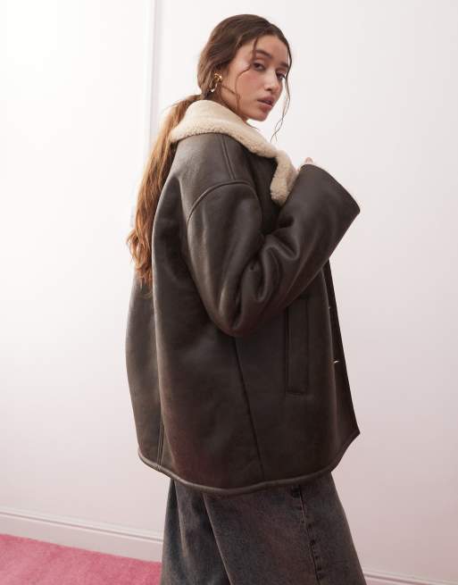 Miss Selfridge contrast borg faux leather jacket in brown ASOS