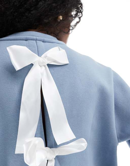 Miss Selfridge contrast bow back detail sweatshirt in blue