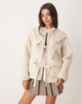 [Miss Selfridge] Miss Selfridge contrast collar borg tie detail jacket in cream-White 12 CREAM
