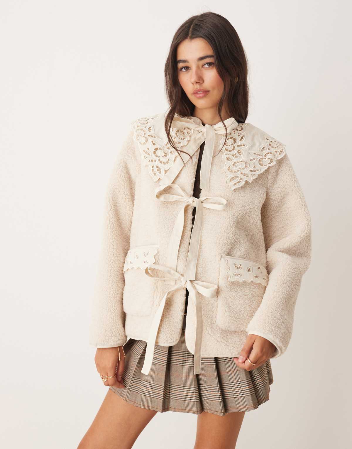 Miss Selfridge contrast collar borg tie detail jacket in cream