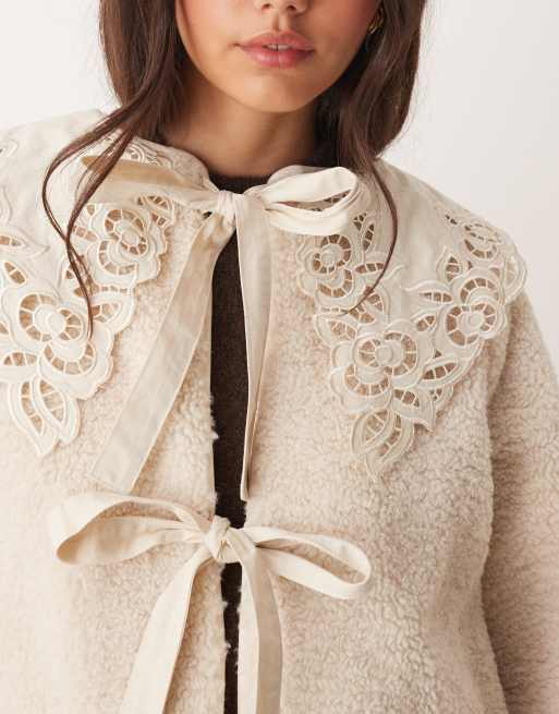 Miss Selfridge contrast collar borg tie detail jacket in cream | ASOS