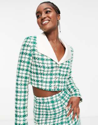 Miss Selfridge contrast collar check boucle blazer co-ord in green