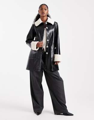 Miss Selfridge Contrast Collar Faux Leather Coat In Black
