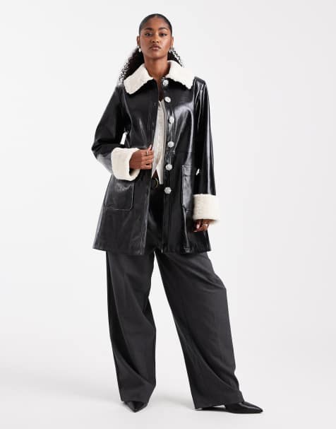 Miss Selfridge contrast collar faux leather coat in black - view 1
