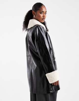 Miss Selfridge Contrast Collar Faux Leather Coat In Black