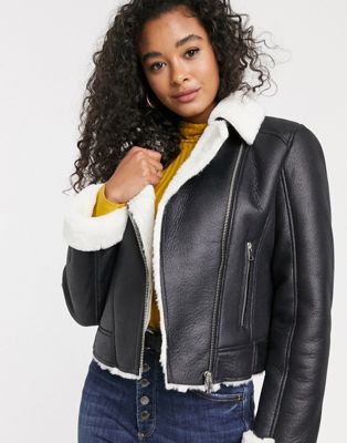 Miss Selfridge contrast faux fur aviator coat in black | ASOS