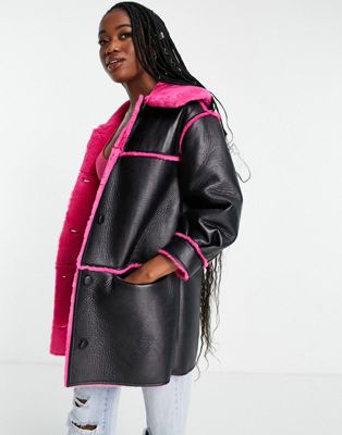 Miss Selfridge Contrast Faux Fur Faux Leather Long Line Coat In Black With Pink