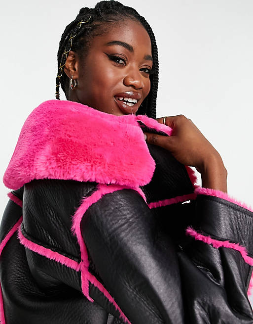 Miss Selfridge contrast faux fur faux leather long line coat in black with  pink | ASOS