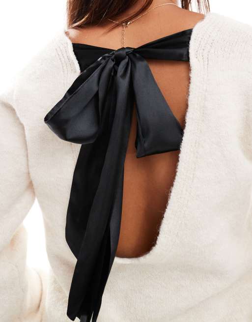 Miss Selfridge contrast satin bow V neck sweater in oatmeal