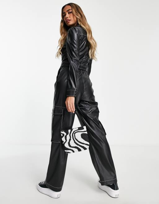 Petite Washed Black Faux Leather Jumpsuit