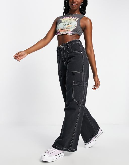 Contrast Stitch Wide Leg Jeans