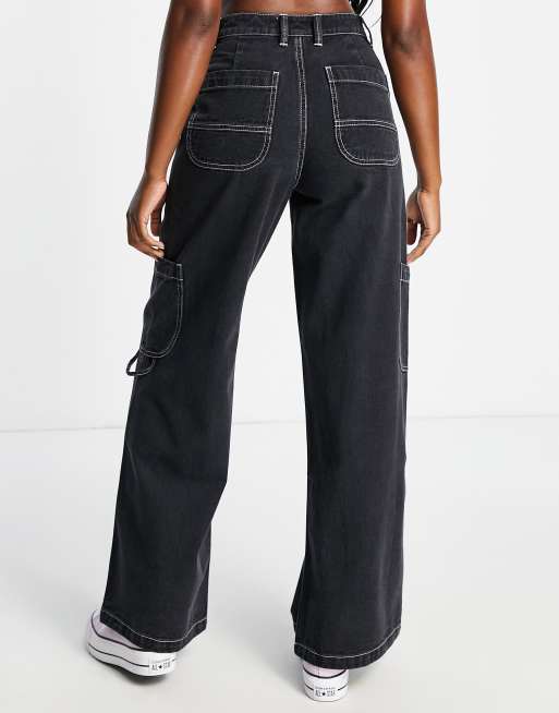 Miss Selfridge contrast stitch straight leg cargo jeans in black