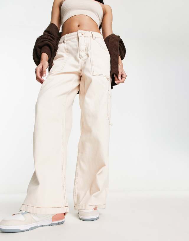 Miss Selfridge contrast stitch straight leg cargo pants in ecru