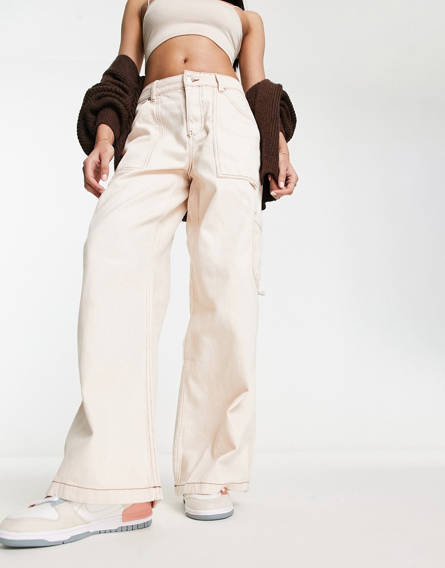 Miss Selfridge contrast stitch straight leg cargo trouser in ecru-White