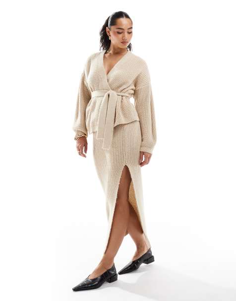 Miss Selfridge - Coordinato in maglia color pietra con gonna lunga - view 1