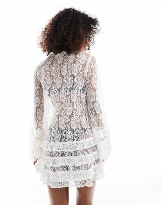 Miss Selfridge - Copricostume da mare in pizzo bianco con volant allacciato sul davanti, 4 di 4