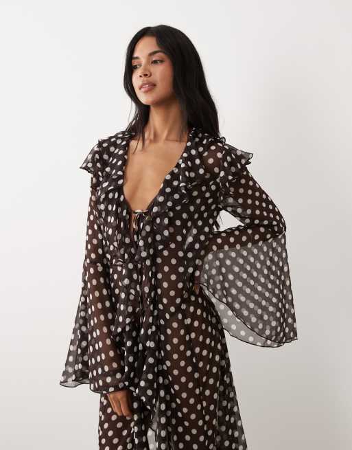 Miss Selfridge - Copricostume lungo color cioccolato a pois , 2 di 4