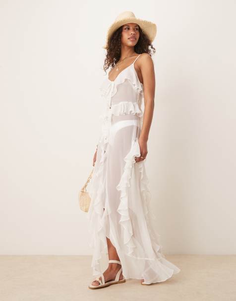 Miss Selfridge - Copricostume lungo da spiaggia in chiffon con spalline sottili e volant color panna - view 1