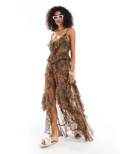 Miss Selfridge - Copricostume lungo da spiaggia in chiffon con spalline sottili, volant e stampa leopardata, 2 di 4