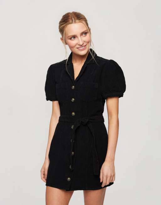 Miss Selfridge cord dress with puff sleeves in black