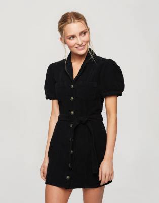 Miss Selfridge cord dress with puffed sleeves in black