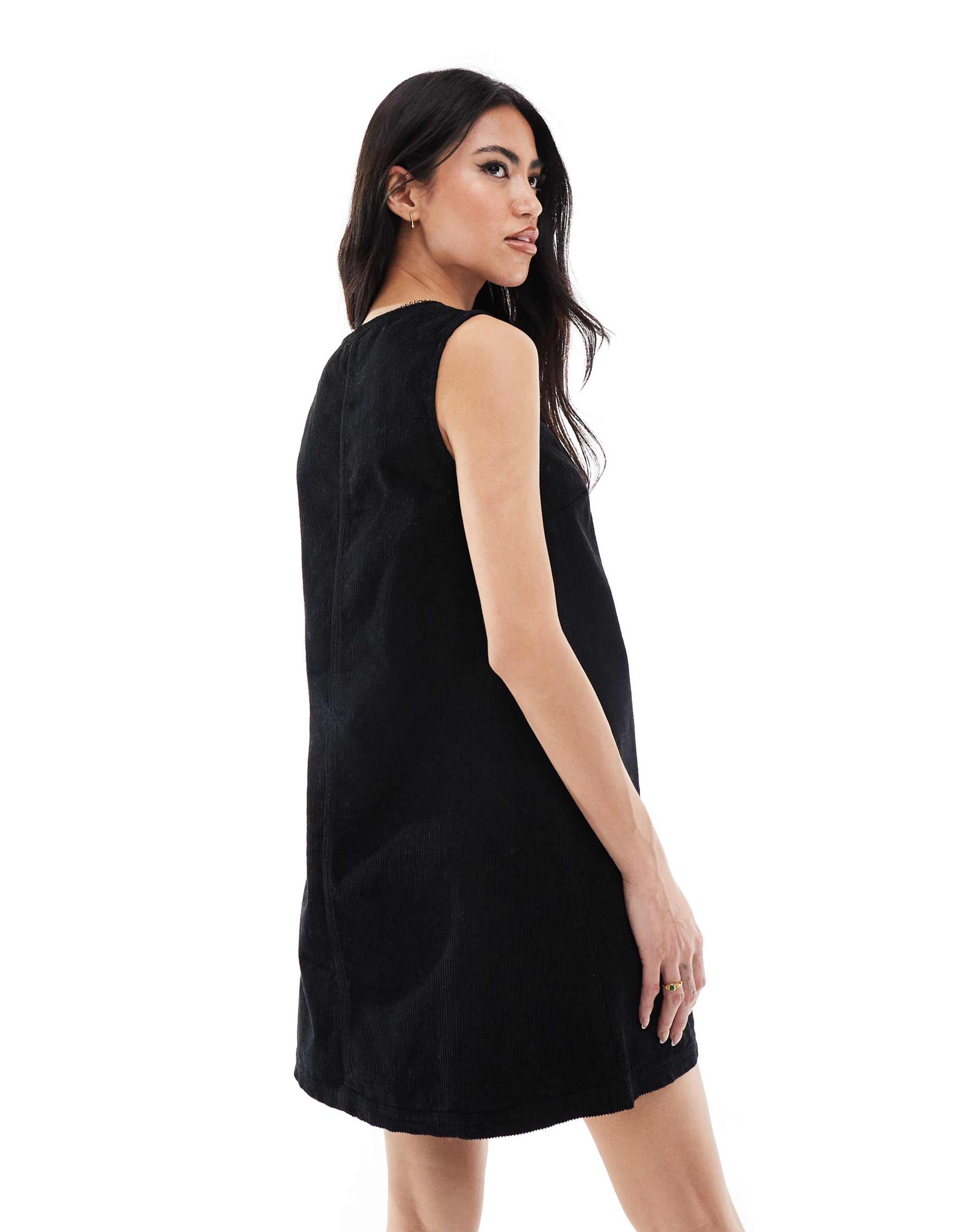 miss selfridge cord patch pocket pinny dress in black