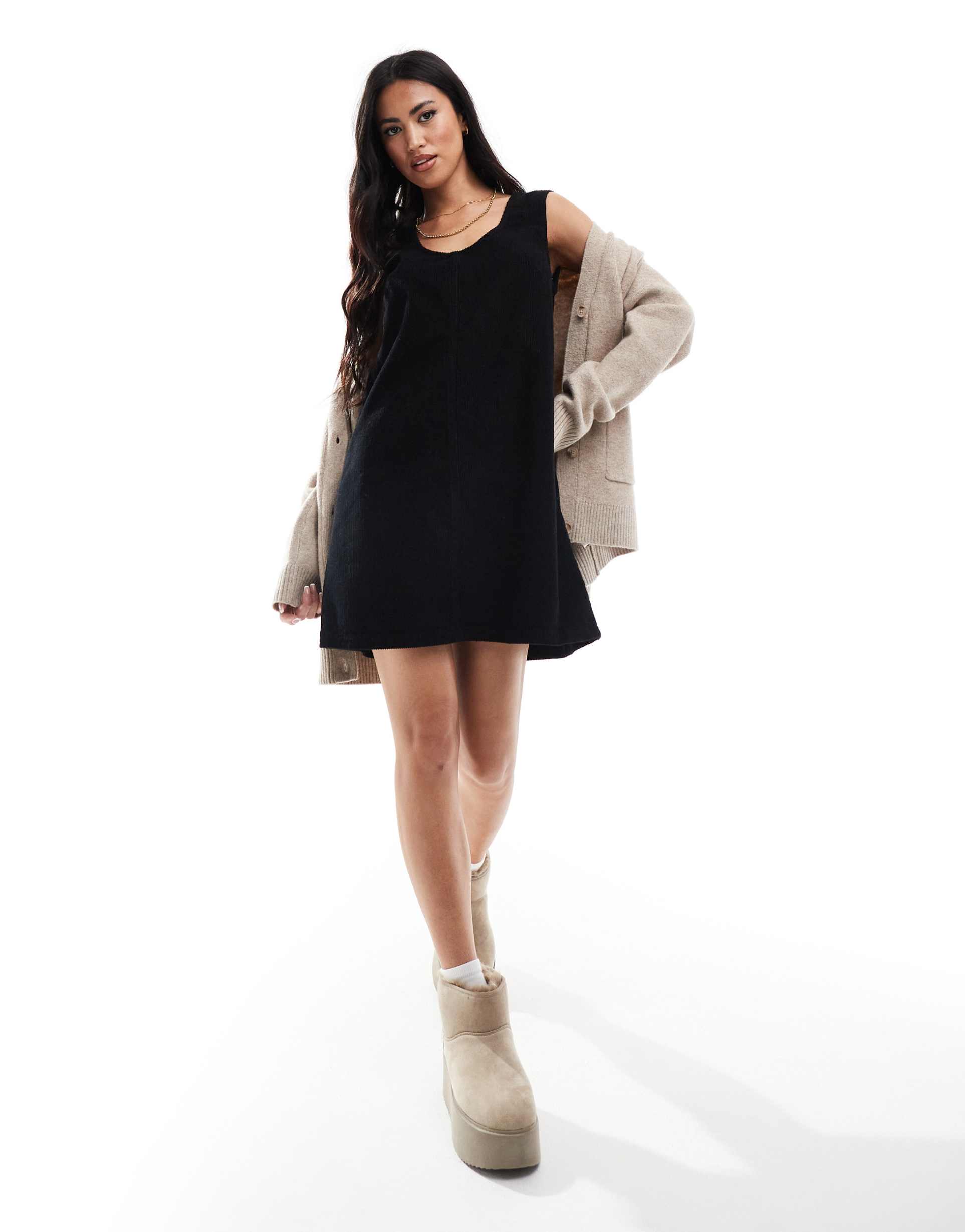 miss selfridge cord patch pocket pinny dress in black