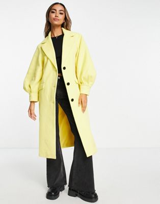 Miss Selfridge cord puff sleeve maxi coat in yellow