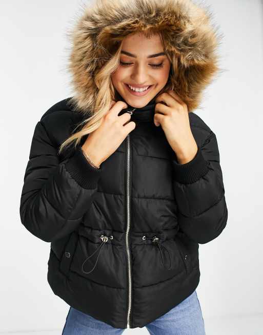 Miss selfridge padded jacket with 2025 faux fur trim in black