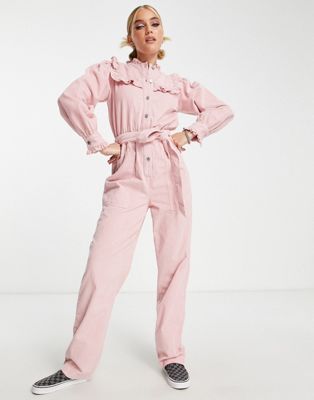 Miss Selfridge corduroy bib frill belted jumpsuit in pale pink