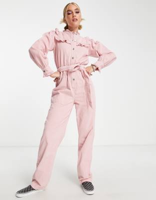 Miss Selfridge corduroy bib frill belted jumpsuit in pale pink Sale