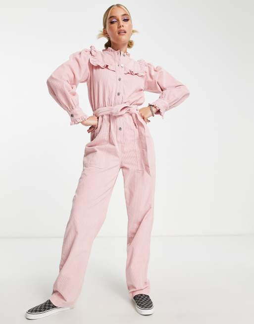 Miss Selfridge corduroy bib frill belted jumpsuit pale pink | ASOS