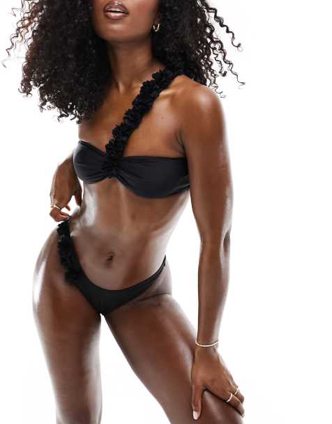 Miss Selfridge corsage asym bikini top in black - view 1