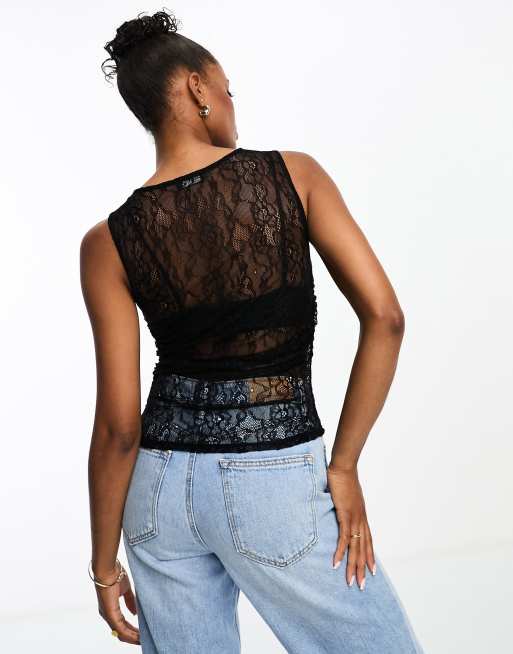 トップス PAINORPLEASUREROSE CORSAGE SLEEVELESS Miss Selfridge corsage detail sleeveless lace top in black | ASOS