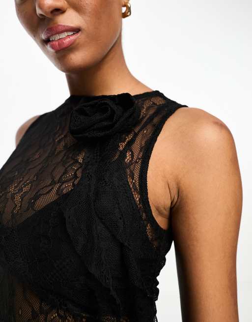 Miss Selfridge corsage detail sleeveless lace top in black, 3 of 4