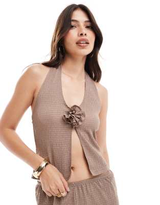 Miss Selfridge corsage detail textured halter neck top-Brown