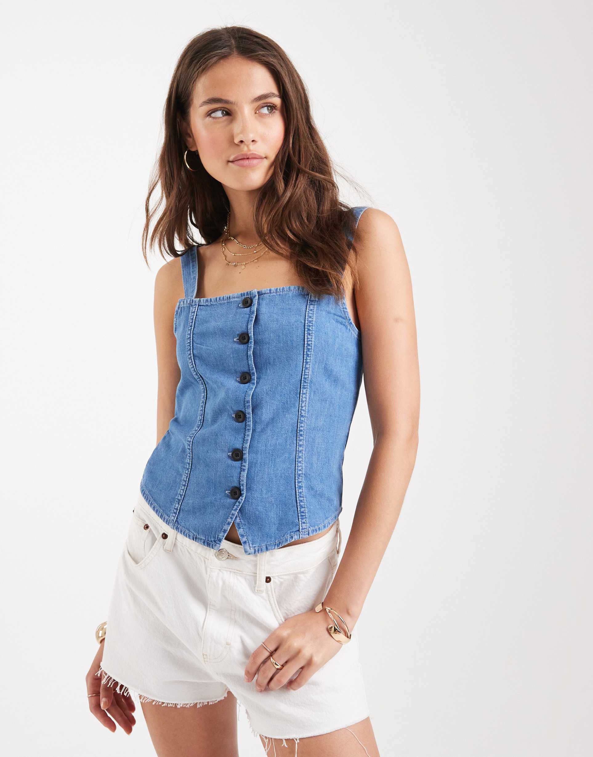miss selfridge corset denim top in mid blue wash